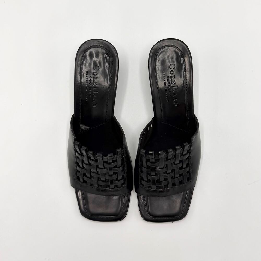 Cole Haan Kalista Black Woven Leather Mule Sandals Kitten Heel Size 5B Italy - Picture 7 of 10